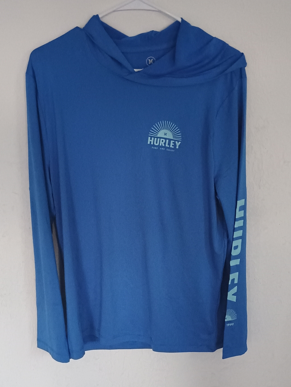 Hurley Blue Hooded Long Sleeve Sun Shirt with Light Blue Logo